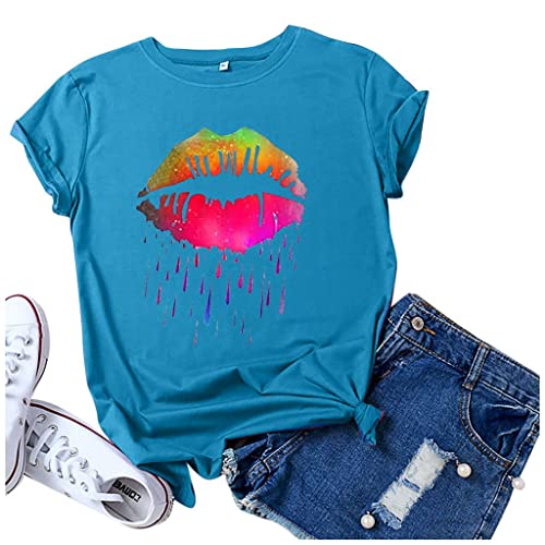 Camisetas casuales de verano de manga corta para mujer, camiseta de cuello redondo, con estampado de labios colorido, suave, camiseta de túnicas para adolescentes y niñas, azul, XXL