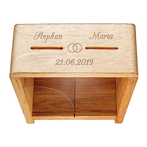 Casa Vivente Hucha Transparente para Bodas, Personalizado con 2 Nombres y Fecha, Motivo Anillos, de Madera, Envuelto para Regalo