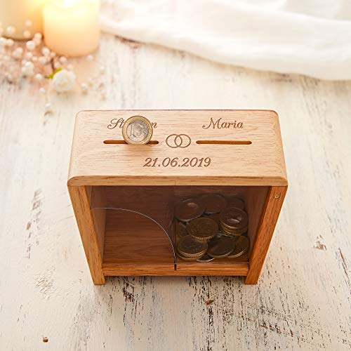 Casa Vivente Hucha Transparente para Bodas, Personalizado con 2 Nombres y Fecha, Motivo Anillos, de Madera, Envuelto para Regalo