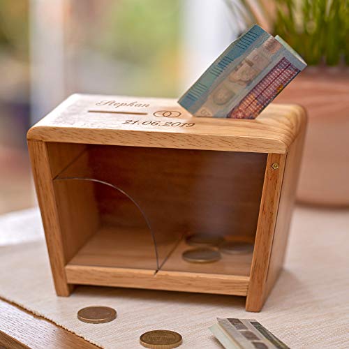 Casa Vivente Hucha Transparente para Bodas, Personalizado con 2 Nombres y Fecha, Motivo Anillos, de Madera, Envuelto para Regalo