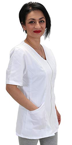 Casaca, camisas de trabajo para mujer con cremallera, color blanco, algodón, esteticista, peluquería, maestra guardería, alimentos blanco M