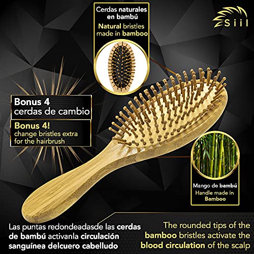 Cepillo cerdas naturales bambú + Bonus 4 cerdas de cambio. Cepillo especial para dar masajes al cuero cabelludo sin dañarlo. Mango de bambú, duradero, cómodo y ergonómico.