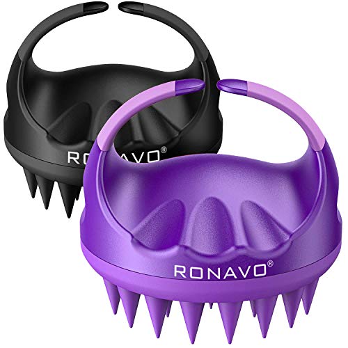 Cepillo de champú para el cuero cabelludo RONAVO, cepillo para el cuero cabelludo de ducha, cepillo exfoliante para caspa, paquete de 2 depuradores de cabeza para todo tipo de cabello (morado y negro)