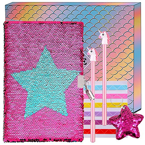 Cerradura de Cuaderno de Lentejuelas y Diario de Llaves - Diario de Lentejuelas de Doble cara Mermaid, Cuaderno Secreto A5 para Adultos y Regalos de Viaje para Niños, Cumpleaños para Niñas