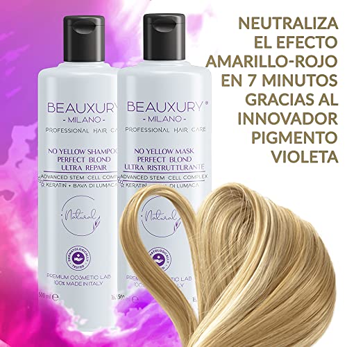 Champú & Máscara 500 ML anti-amarillo Rubio Perfecto para Cabello Rubio, Platino, Gris y Plata Células Madre Vegetales, Queratina