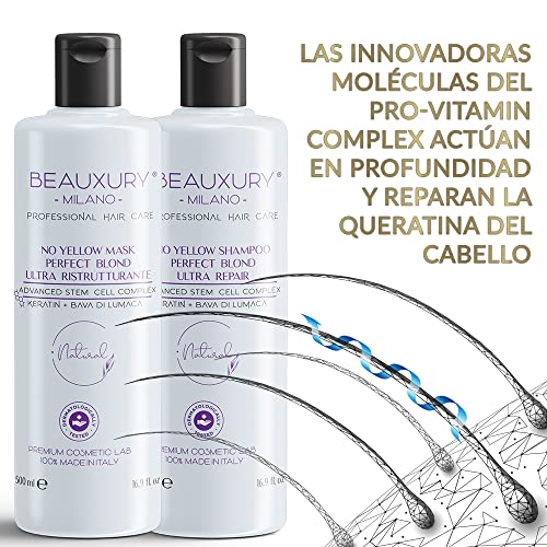 Champú & Máscara 500 ML anti-amarillo Rubio Perfecto para Cabello Rubio, Platino, Gris y Plata Células Madre Vegetales, Queratina