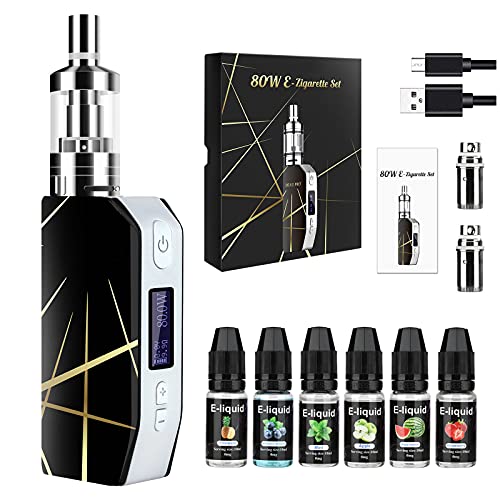 Cigarrillo Electronico de Vapor sin Nicotina Vaper Kit Cigarro Electronico Vaporizador kit completo-80W/2000mAh Batería con 6x10ml de E-líquido, 3m Tanque de Evaporadorl, 0.5Ohm Núcleo de Atomización
