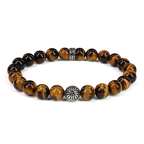 COAI Pulsera para Hombre con Cuentas de Ojo de Tigre y Adorno Flor de Lirio de Plata
