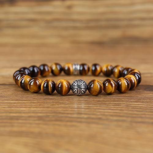 COAI Pulsera para Hombre con Cuentas de Ojo de Tigre y Adorno Flor de Lirio de Plata