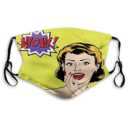 Cómoda máscara impresa, vintage, retro mujer en el arte pop cómics WOW sorprendido expresión ilustración, amarillo melocotón caléndula, decoraciones faciales a prueba de viento para adolescentes
