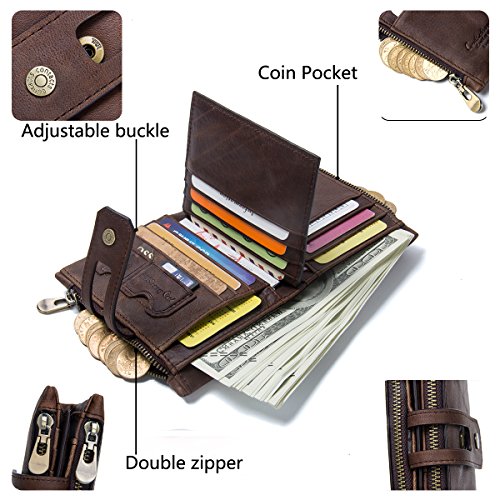 Contacts Cartera corta para hombre y mujer, de piel auténtica, con doble cremallera RFID, para tarjetas y monedero.