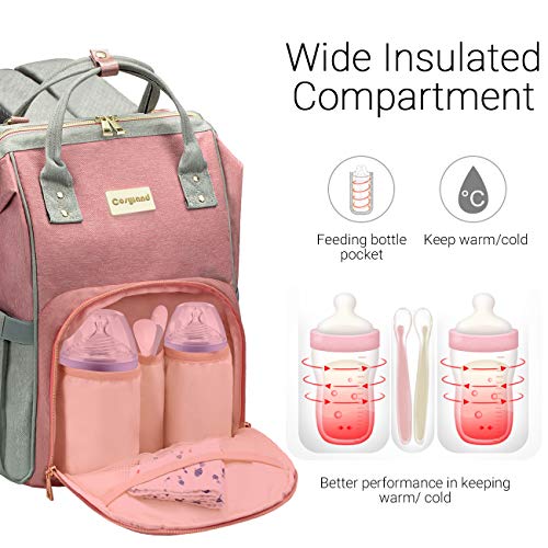 COSYLAND Mochilas para Pañales Biberones Bolso de Cambio Mamá Multifuncional Impermeable Gran Capacidad con Aislado Bolsillos para Cuidado Bebé con 2 Correas de Cochecito Puerto y Cable USB Gris+Rosa