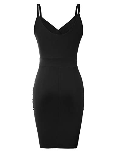 CURLBIUTY Mujer Vestido Elástico de Plisada con Cuello Pico para Cóctel M Negro