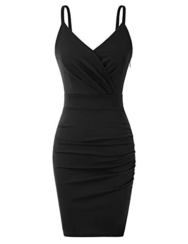 CURLBIUTY Mujer Vestido Elástico de Plisada con Cuello Pico para Cóctel M Negro