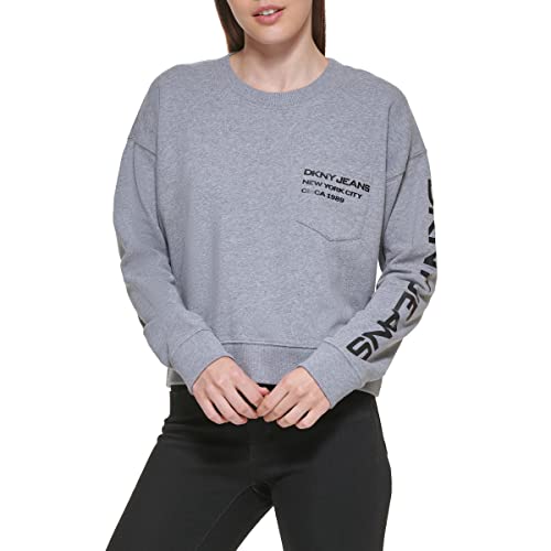 DKNY Crewneck Logo Pocket Sweatshirt Sudadera, Avenue Grey, XXS para Mujer