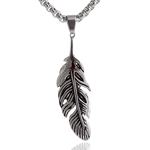 DonDon Collar de Acero Inoxidable con Colgante Pluma de Buena Suerte para Hombres en Bolsa de Terciopelo de Color Negro