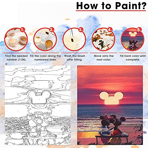 DonElton Pintar por numeros Disney, Mickey Puesta de Sol – Cuadros para Pintar por números con Pinceles y Colores Brillantes – Lienzos para Pintar con Dibujo – Sin Marco