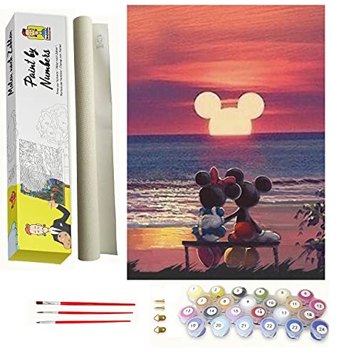 DonElton Pintar por numeros Disney, Mickey Puesta de Sol – Cuadros para Pintar por números con Pinceles y Colores Brillantes – Lienzos para Pintar con Dibujo – Sin Marco