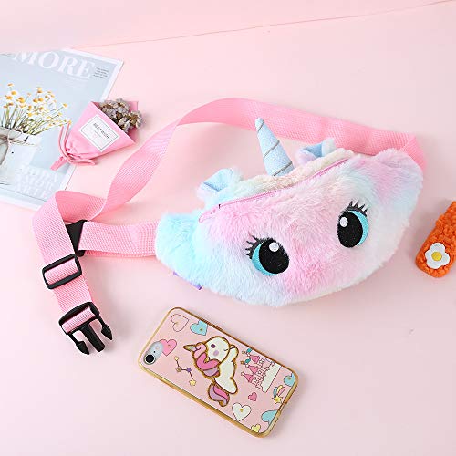 dressfan Riñonera Unicornio Riñonera Niños Linda Bolso de la Honda Bolso de Pecho Ligera Felpa Bolsillos con Cierre Cremallera Niñas Mujeres (E-Rosa)