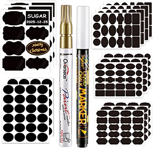 DZSEE® Etiquetas Adhesivas + 2 Marcador de Tiza, Pegatina Reutilizable, etiquetas para Frascos, Pegatinas Pizarra para Tarros Borrable, Decorar Tarros, Vino, Despensa, Hogar y Oficina