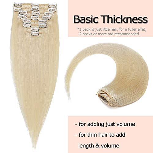 Elailite Extensiones de Clip de Pelo Natural Consejos Completos 8 Piezas Lisas Largas 55cm 85g 100% Remy Cabello Humano #60 Rubio Platino