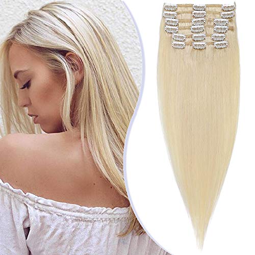 Elailite Extensiones de Clip de Pelo Natural Consejos Completos 8 Piezas Lisas Largas 55cm 85g 100% Remy Cabello Humano #60 Rubio Platino