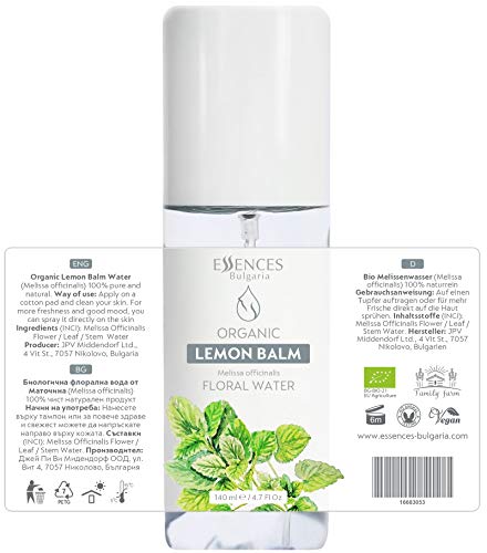 Essences Bulgaria Agua Floral Orgánica de Melisa, 100% Natural, Máxima Calidad de Nuestra Propia Empresa Familiar, Spray Como Tónico Facial, Tónico Capilar etc. (140 ml)