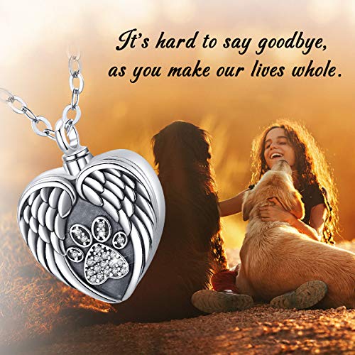 Eusense Collar Urna para Ceniza de Perro y Gato, Joyería Cremación para Mascotas Plata Esterlina 925, Recuerdo Corazón con Pata, Cadena Medallón con Imágenes
