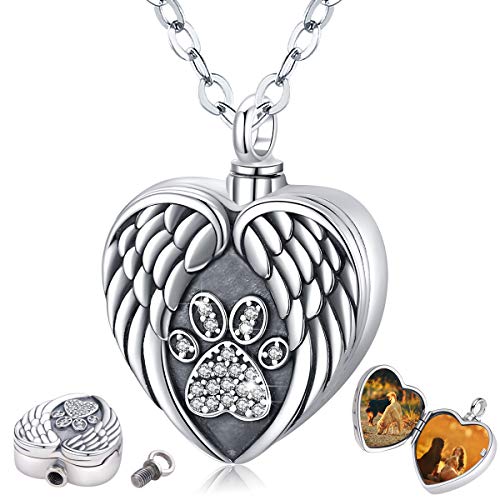 Eusense Collar Urna para Ceniza de Perro y Gato, Joyería Cremación para Mascotas Plata Esterlina 925, Recuerdo Corazón con Pata, Cadena Medallón con Imágenes