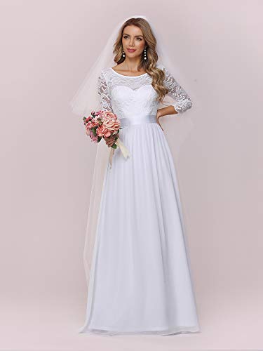Ever-Pretty Vestido de Novia Encaje Gasa Cuello Redondo Manga 3/4 Corte Imperio A-línea para Mujer Blanco 36