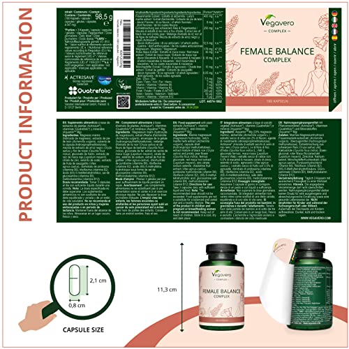 Female Balance Complex Vegavero® | 100% Vegetal | Suplemento Equilibrio Hormonal | Maca Roja + Nopal + Ácido Fólico + Alchemilla Vulgaris | Estrógenos Naturales | Sin Aditivos