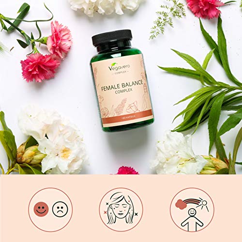 Female Balance Complex Vegavero® | 100% Vegetal | Suplemento Equilibrio Hormonal | Maca Roja + Nopal + Ácido Fólico + Alchemilla Vulgaris | Estrógenos Naturales | Sin Aditivos