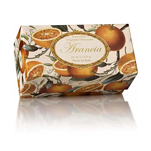 Fiorentino - Arancia - Jabón Naranja, redondo, 6 pastillas de 50 g, Jabón italiano hecho a mano de Fiorentino, con relieve decorativo