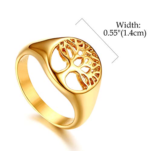 Flongo Anillo de Compromiso, Árbol de la Vida Anillo de Sello para Hombre Mujer, Dorado Anillo de Boda Diseño Hueco Acero Inoxidable, Buen Regalo para Su Amor, Talla 9