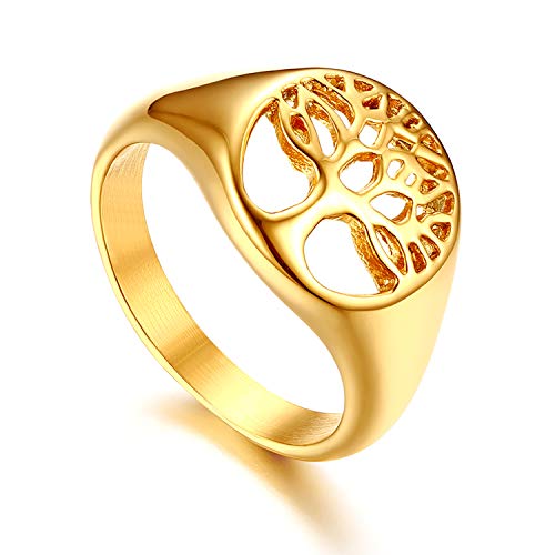 Flongo Anillo de Compromiso, Árbol de la Vida Anillo de Sello para Hombre Mujer, Dorado Anillo de Boda Diseño Hueco Acero Inoxidable, Buen Regalo para Su Amor, Talla 9