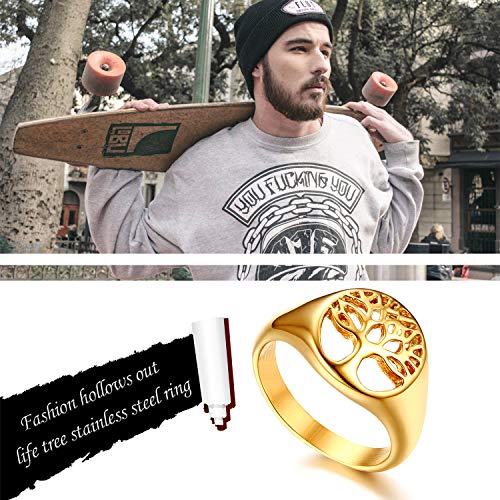 Flongo Anillo de Compromiso, Árbol de la Vida Anillo de Sello para Hombre Mujer, Dorado Anillo de Boda Diseño Hueco Acero Inoxidable, Buen Regalo para Su Amor, Talla 9