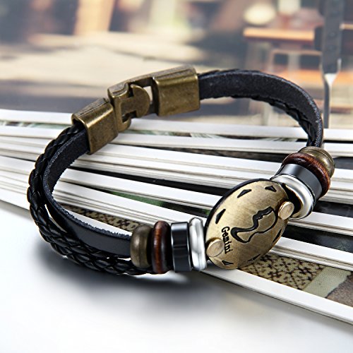 Flongo Pulseras del horóscopo Zodiaco, Retro Vintage Brazalete de Hombre Mujer, Simbolo de Estrellas para Buena Suerte, Buen Regalo de la Amistad, GÉMINIS