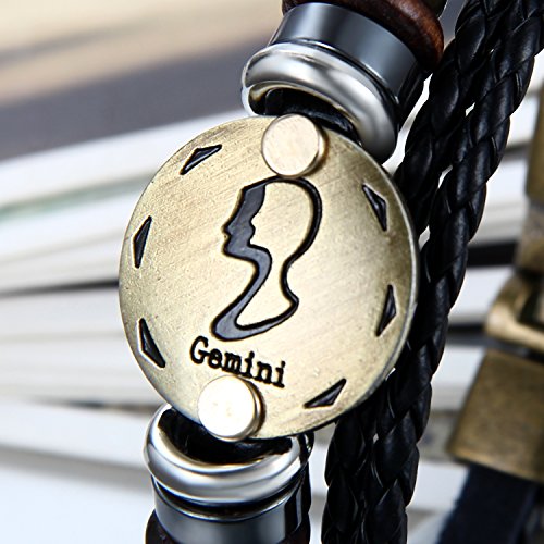 Flongo Pulseras del horóscopo Zodiaco, Retro Vintage Brazalete de Hombre Mujer, Simbolo de Estrellas para Buena Suerte, Buen Regalo de la Amistad, GÉMINIS