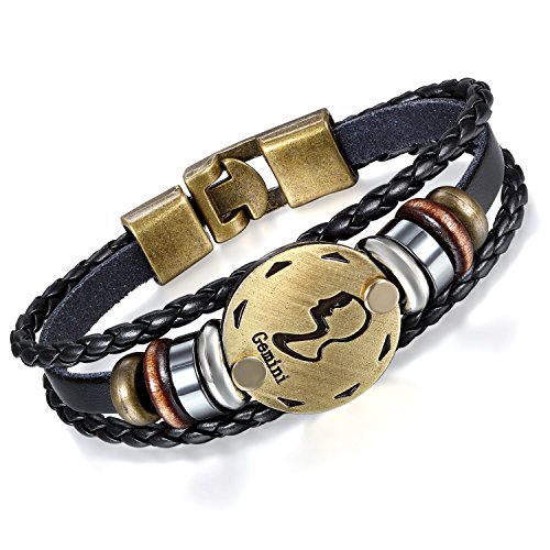 Flongo Pulseras del horóscopo Zodiaco, Retro Vintage Brazalete de Hombre Mujer, Simbolo de Estrellas para Buena Suerte, Buen Regalo de la Amistad, GÉMINIS