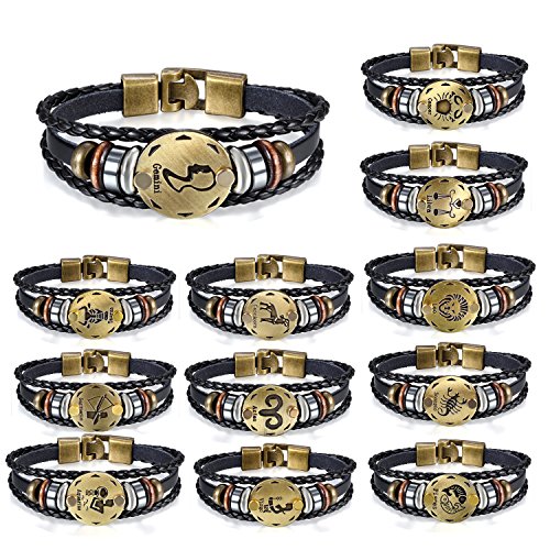 Flongo Pulseras del horóscopo Zodiaco, Retro Vintage Brazalete de Hombre Mujer, Simbolo de Estrellas para Buena Suerte, Buen Regalo de la Amistad, GÉMINIS