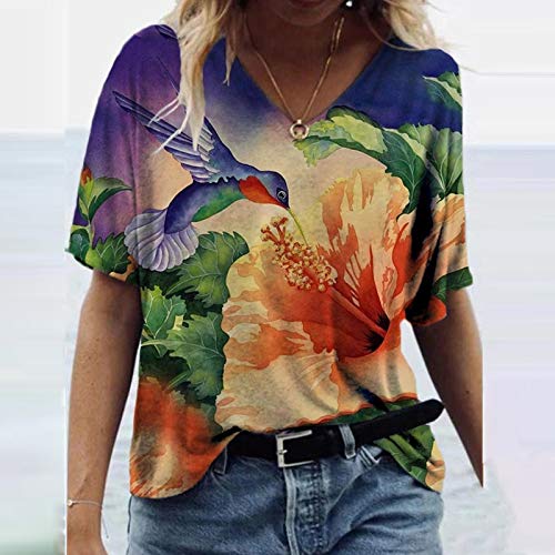 FMYONF Camisetas de mujer de manga corta, estilo informal, estilo vintage, para verano, blusas y túnicas, tallas grandes, estampado de flores, cuello redondo, naranja, S