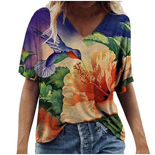 FMYONF Camisetas de mujer de manga corta, estilo informal, estilo vintage, para verano, blusas y túnicas, tallas grandes, estampado de flores, cuello redondo, naranja, S