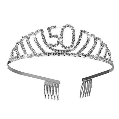 Frcolor Corona Cumpleaños 50 Años Diadema Cumpleaños Mujer Tiara Cristal con Peines (Plata)