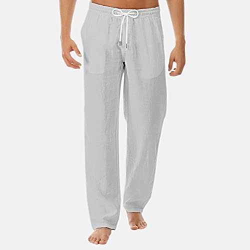 GenericBrands Taurner Pantalón de Lino Puro Suelto Pantalones Color Sólido con Cordones Pantalones De Playa Casuales para Hombre