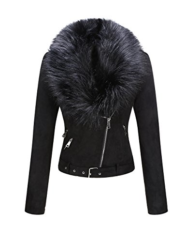 Giolshon Chaqueta Corta de Cuero de Gamuza Sintética para Mujer Abrigo de Motociclista con Minturón de Invierno y Cuello de piel Desmontable 8830 Negro M