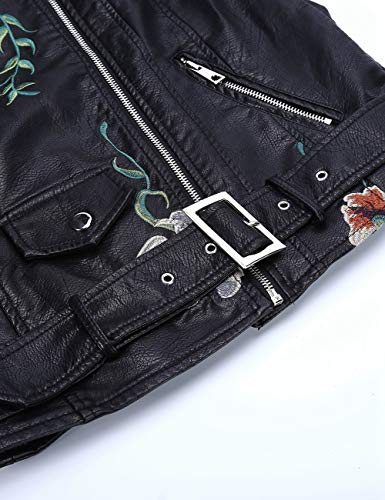 Giolshon Chaqueta de Cuero Sintético para Mujer Abrigo Corto de Motociclista de Otoño Elegantes, Floral Informal de Moto 1702020 Negro M