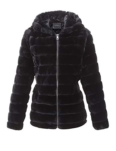 Giolshon Chaqueta de Forro Polar de piel Sintética para Mujer con Capucha, Abrigo de Invierno Termica 1801 Negro L