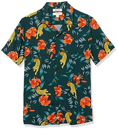 Goodthreads Slim-Fit Short-Sleeve Camp Collar Hawaiian Shirt Camisa, Leopardo/Tigre/Lirio, XS