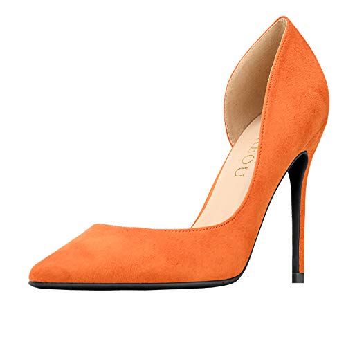 GOXEOU Zapatos de tacón de aguja de tacón de aguja de gamuza de mujer Zapatos de tacón alto D'Orsay Zapatos de tacón de aguja, color Naranja, talla 34 EU
