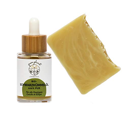 green planet COSMETICS Travel Essential Yellow | Cuidado de la Piel | Aceite de Comino Negro Orgánico y Prensado Frío 30ml + Jabon Hecho A Mano Coco & Miel 80g peso fresco | 100% Natural